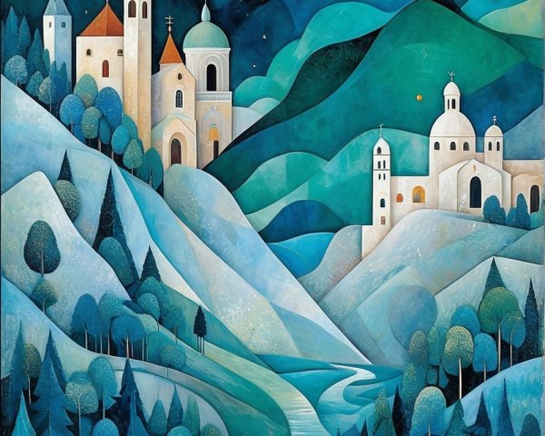 Abstract Landscape with Geometric Mountains and Hills