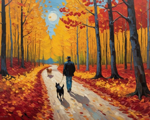 Autumn Landscape with Man and Dogs on Winding Path