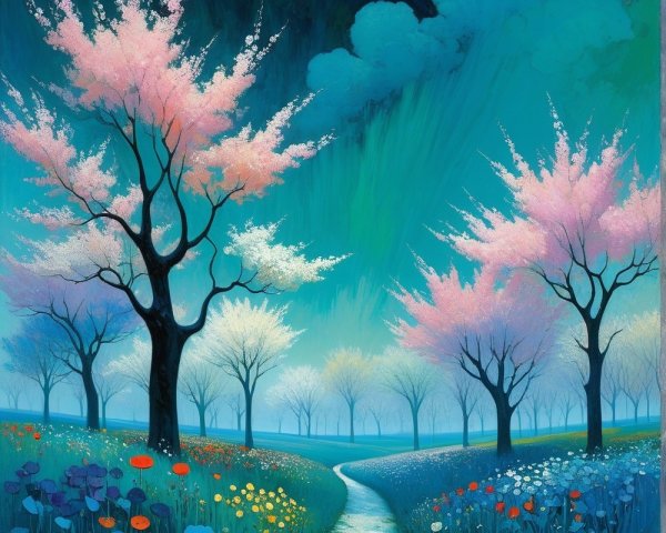 Serene Cherry Blossom Landscape with Vibrant Colors