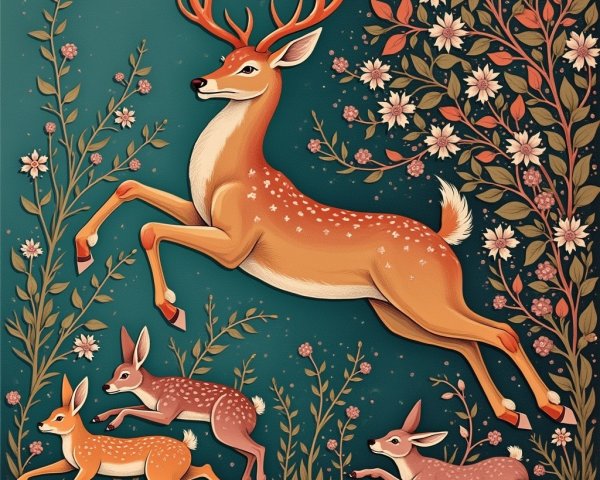 Illustration of a deer in a vibrant forest scene