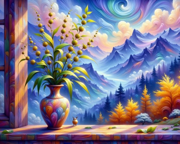 Vibrant Landscape with Mountains and Colorful Vase