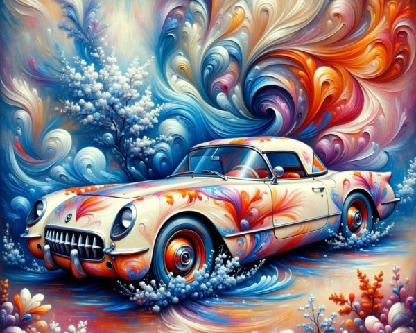 Vintage Convertible Car with Floral Patterns and Colors