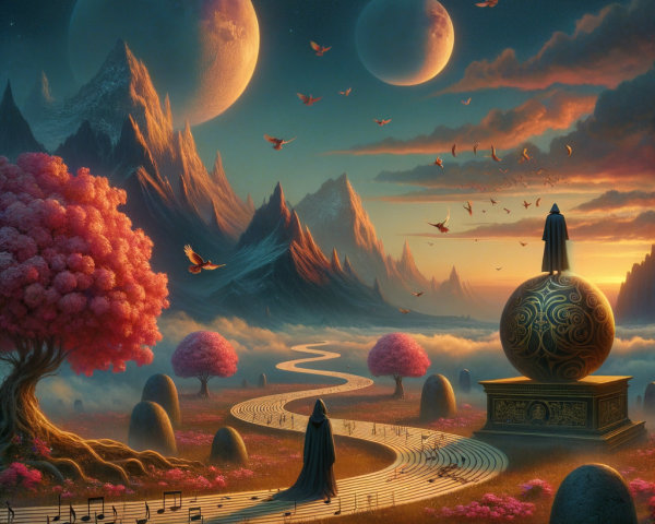 Surreal Landscape with Planets and Ethereal Figures