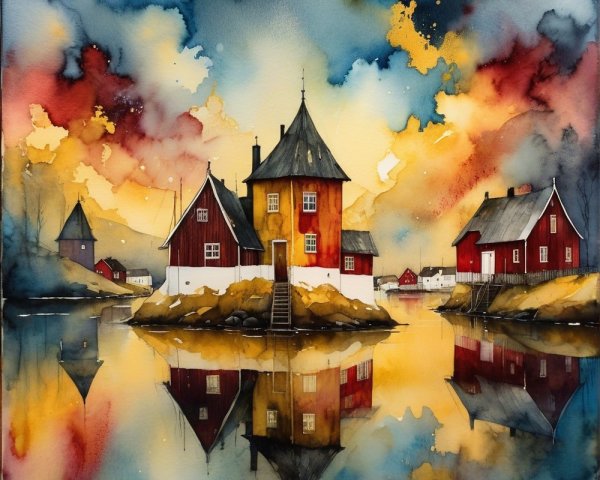 Watercolor Landscape of Red Houses by a Tranquil Lake
