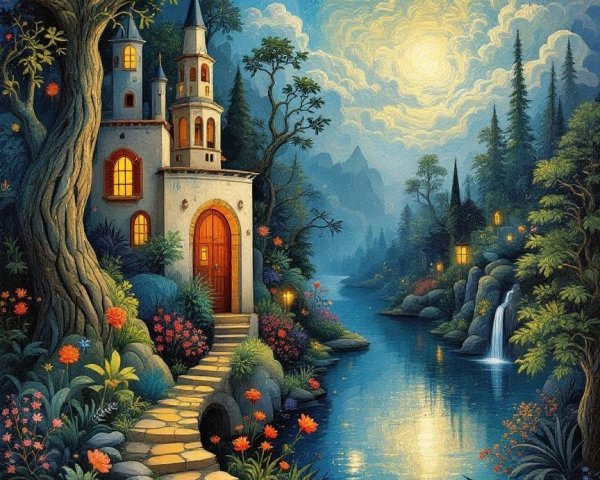 Whimsical Castle Landscape with Moonlit River Scene