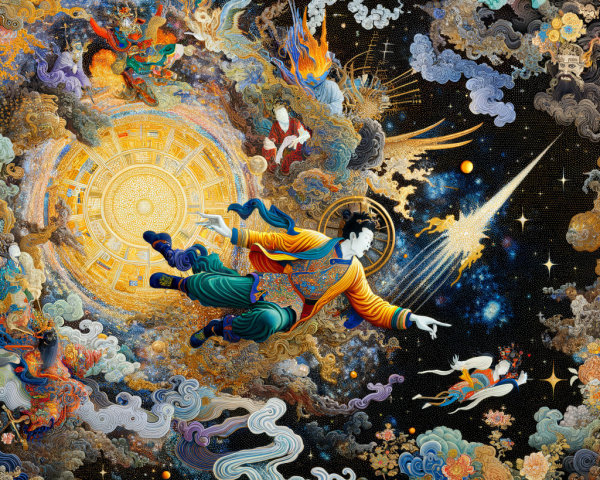 Mystical Scene with Vibrant Colors and Celestial Elements