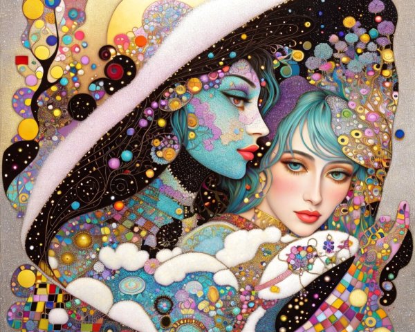 Ethereal Women in Dreamlike Embrace with Vibrant Colors