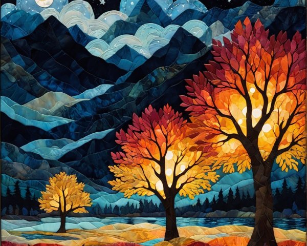 Vibrant Dusk Landscape with Luminous Trees and Mountains