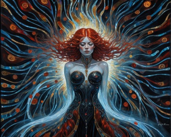 Striking figure with red hair in ornate dark gown