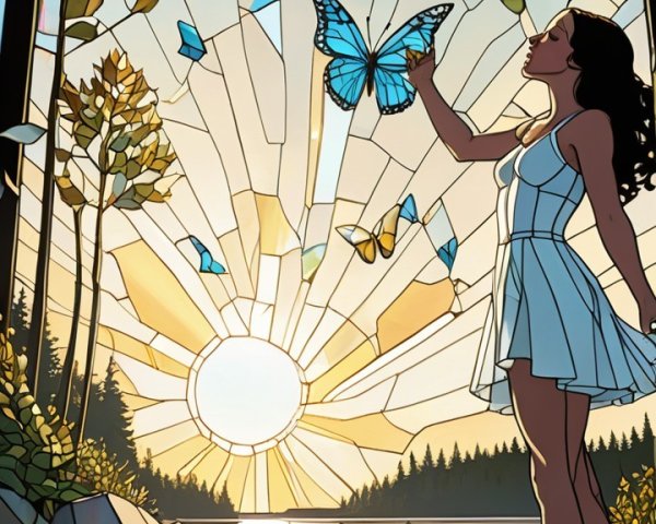 Woman in white dress by river with butterflies and sunset