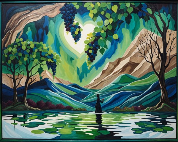 Vibrant Stylized Landscape with Central Figure and Lake