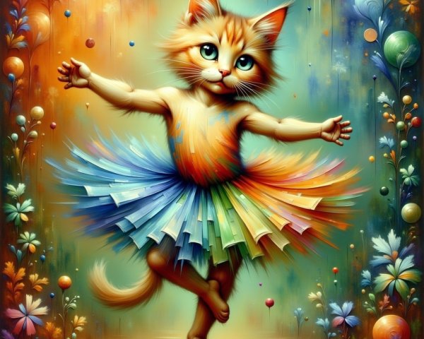 Ginger Cat Dancing in Colorful Tutu Illustration