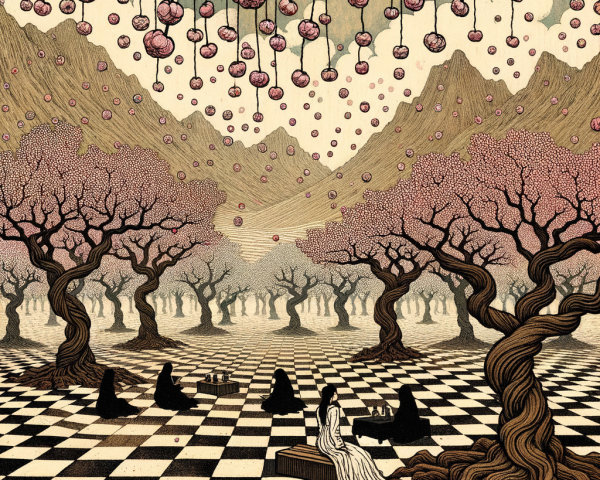 Surreal Landscape with Cherry Blossoms and Shadows