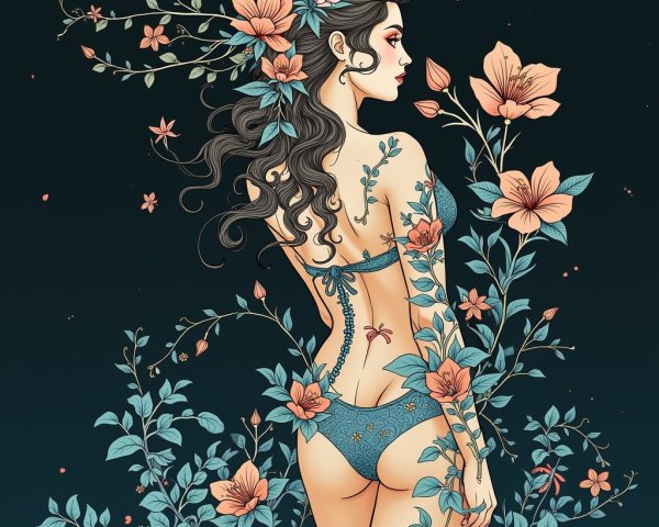 Woman in Lingerie Surrounded by Flowers and Greenery