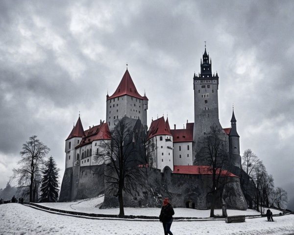 Majestic castle on rocky hill with snowy landscape
