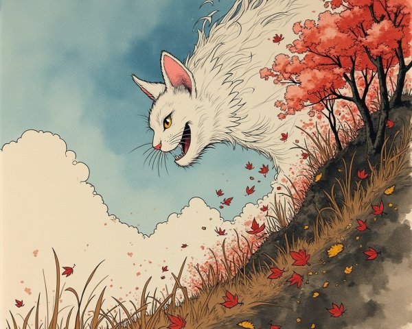 Mystical white cat amidst swirling autumn leaves