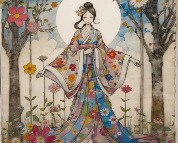 Colorful Kimono in a Vibrant Garden Setting