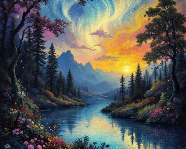 Vibrant Dusk Landscape with River and Mountains