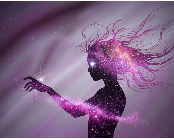 Silhouetted Girl Merging with Cosmic Scene and Stars