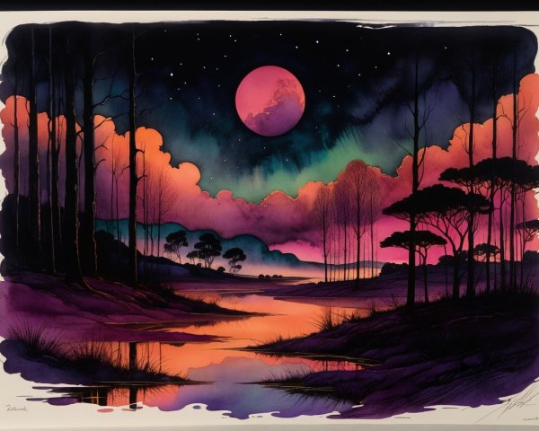 Twilight Landscape with Reflective Water and Moonlight