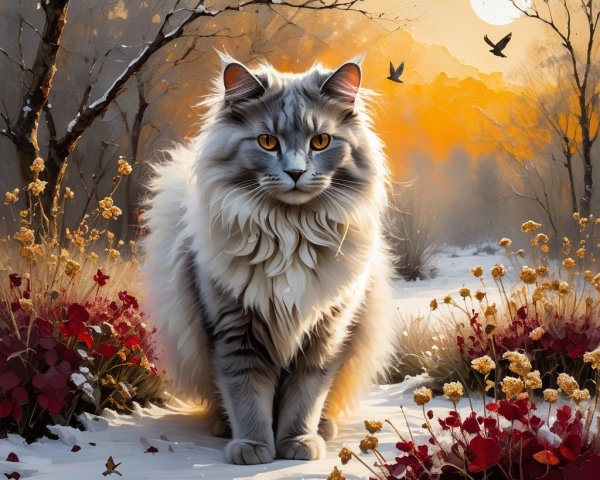 Long-Haired Cat in Serene Winter Landscape Scene