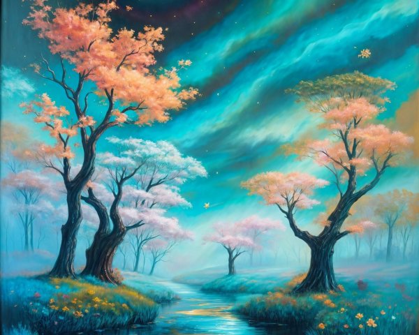 Whimsical Pink-Foliaged Trees in Starry Landscape