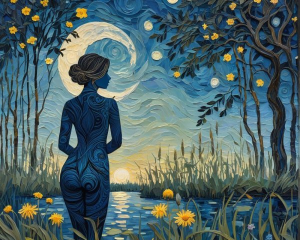 Silhouette of a Woman by a Serene River at Dusk