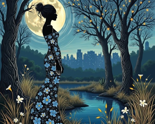 Silhouetted Figure by a Serene River at Night
