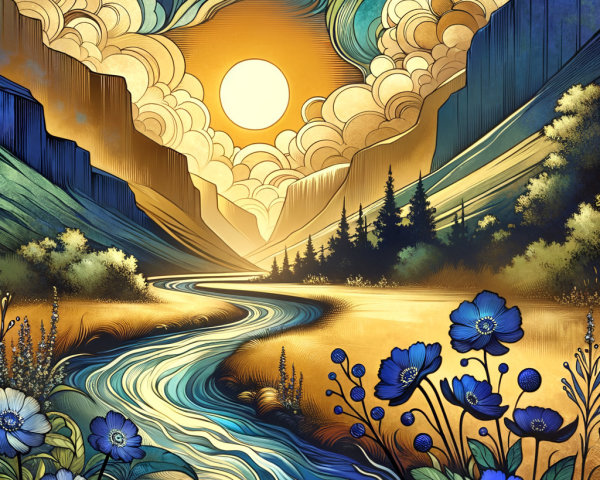 Vibrant Landscape with Hills, River, and Mountains