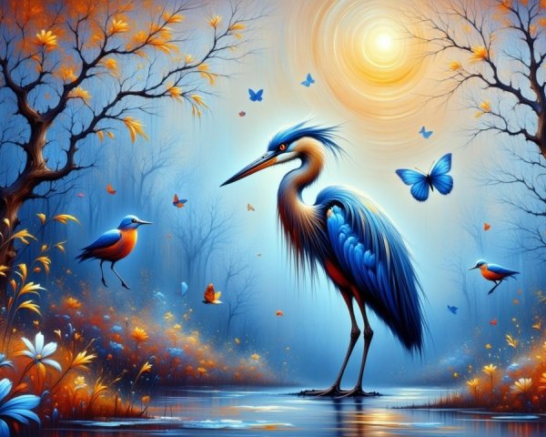 Serene Landscape with Heron and Autumn Flowers