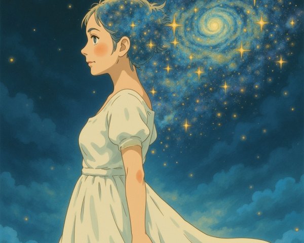 Young woman in white dress against starry galaxy