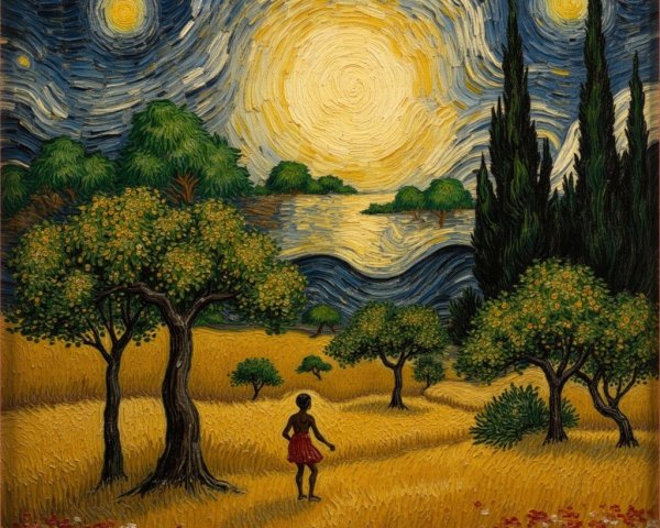 Vibrant Night Landscape with Girl in Red Dress