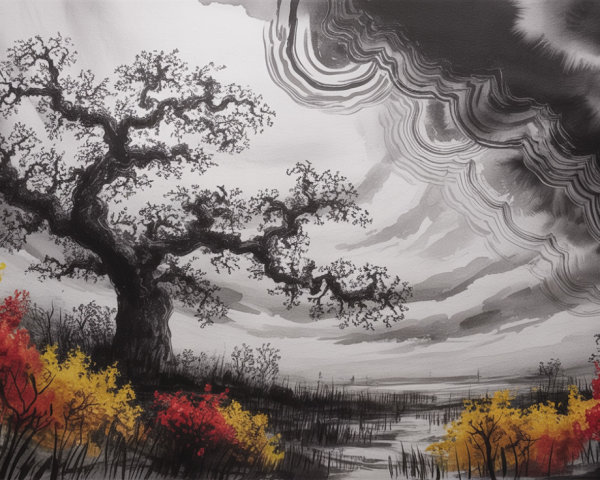 Monochrome Landscape with Gnarled Tree and Waterway