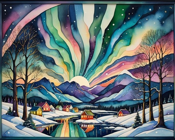 Vibrant winter landscape with a serene village scene