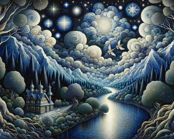 Serene Landscape with River and Starry Night Sky