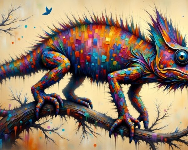 Surreal Chameleon with Colorful Patterns on Branch