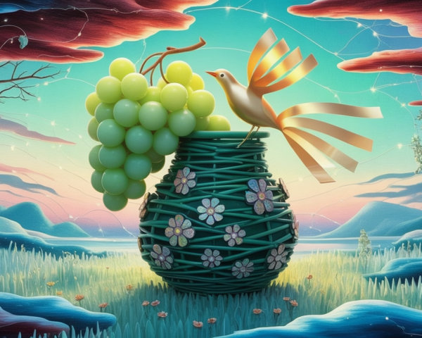 Whimsical Scene with Green Vase and Colorful Flowers