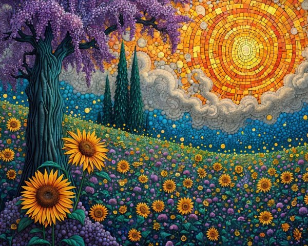 Vibrant Landscape with Sunflowers and Purple Flowers