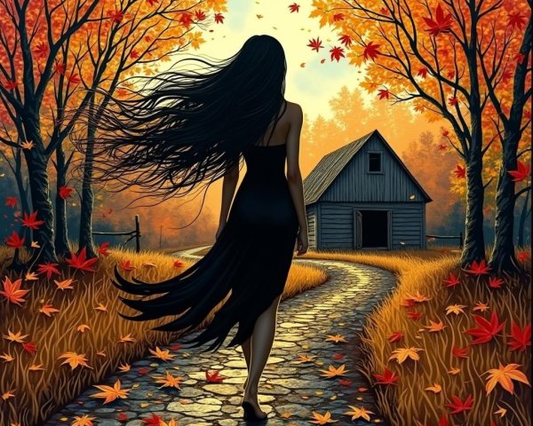 Woman in Black Dress on Autumn Pathway with Cottage