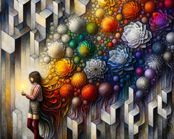 Surreal Landscape with Girl and Colorful Floral Wall