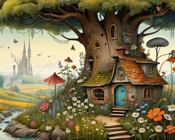 Charming Cottage Under an Intricate Tree with Castles