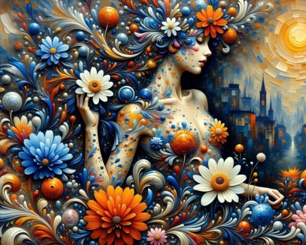 Vibrant Woman Surrounded by Flowers and Sunset Background