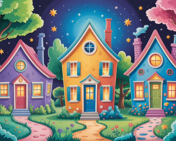 Whimsical Nighttime Scene with Colorful Houses and Nature