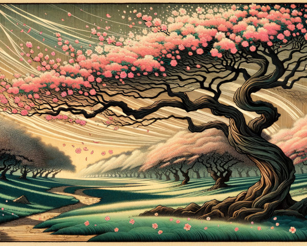 Twisted Tree with Pink Blossoms in Serene Landscape