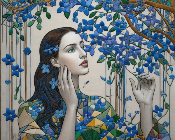 Serene Woman Surrounded by Vibrant Blue Flowers