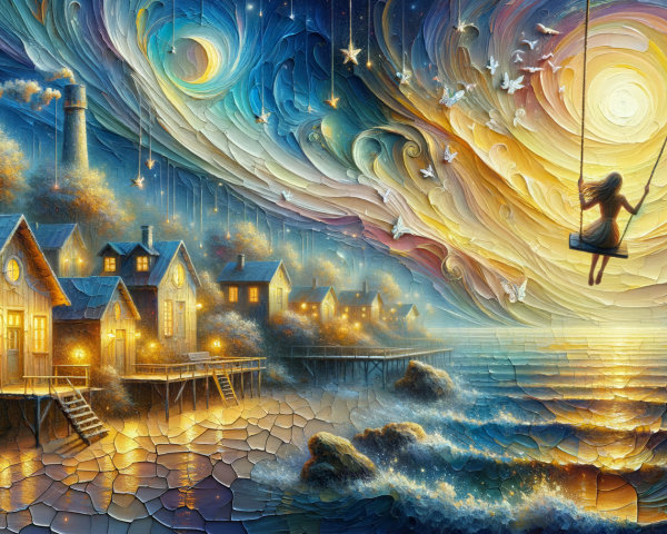 Dreamy Night Scene with Girl Swinging Over Ocean