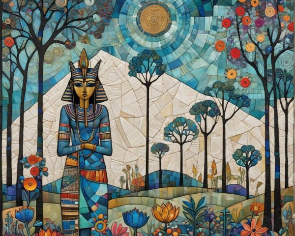 Vibrant Mosaic Artwork of Regal Figure in Nature
