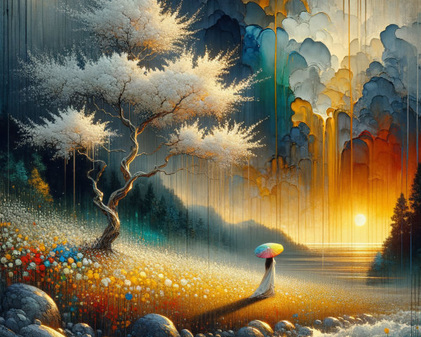 Serene Sunset Landscape with Blossoming Tree and Figure