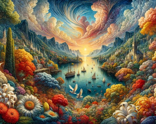 Vibrant Landscape with Colorful Trees and Sunset Sky