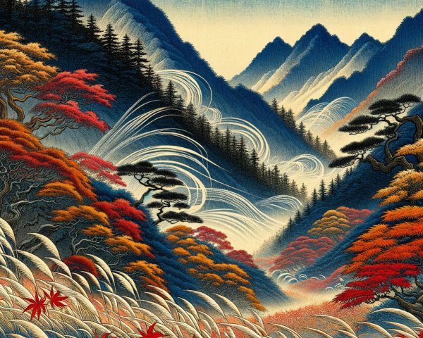 Serene Mountain Landscape with Autumn Foliage and Mist